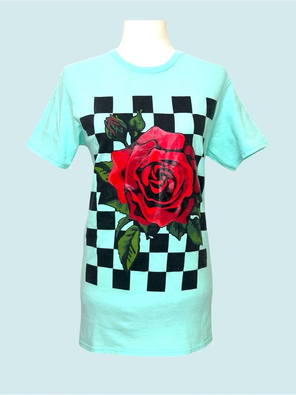 90s Red Rose Checkerboard Rubberized Graphic  Tee S Teal Cyber Y2K Indie Sleaze